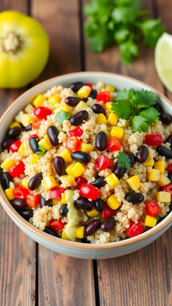 A vibrant bowl of three-bean quinoa salad with quinoa, black beans, kidney beans, corn, and bell peppers, garnished with parsley on a rustic table.